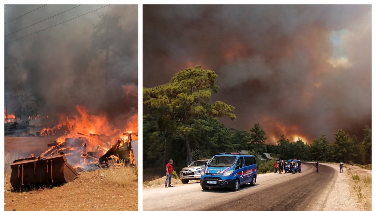 En omfattande skogsbrand sprider sig i närheten av de turisttäta orterna Manavgat och Antalya i Turkiet.